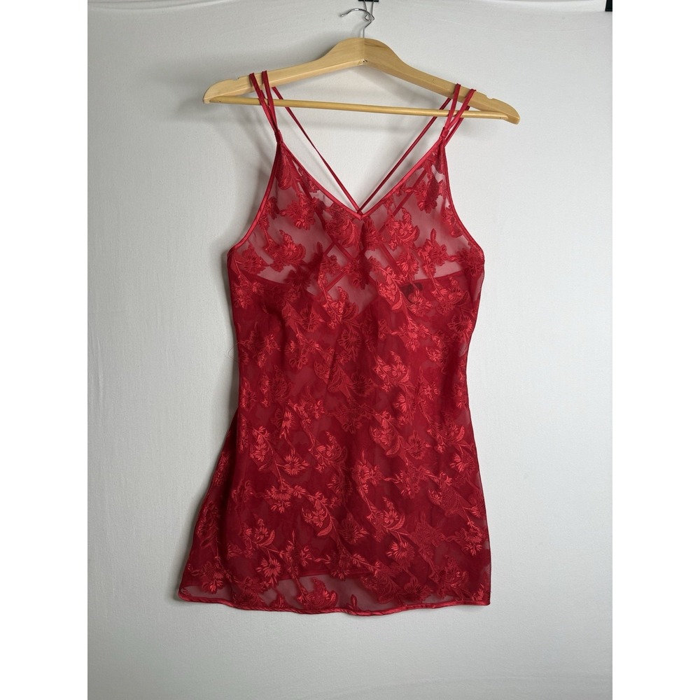 Jolynn Vintage Red Floral Lace Trim Satin Lingerie Nightie Slip Dress Fairy Sz M